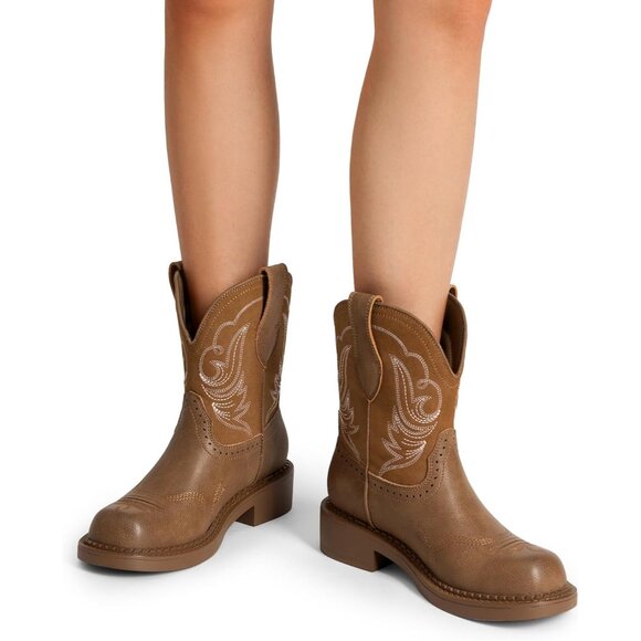 Women's Cowgirl Boots Round Toe Embroidered Mid Calf Western Boots Concert Tan - Picture 7 of 7